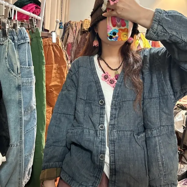 妞妞 新款做旧长袖加棉保暖牛仔外套百搭女装上衣