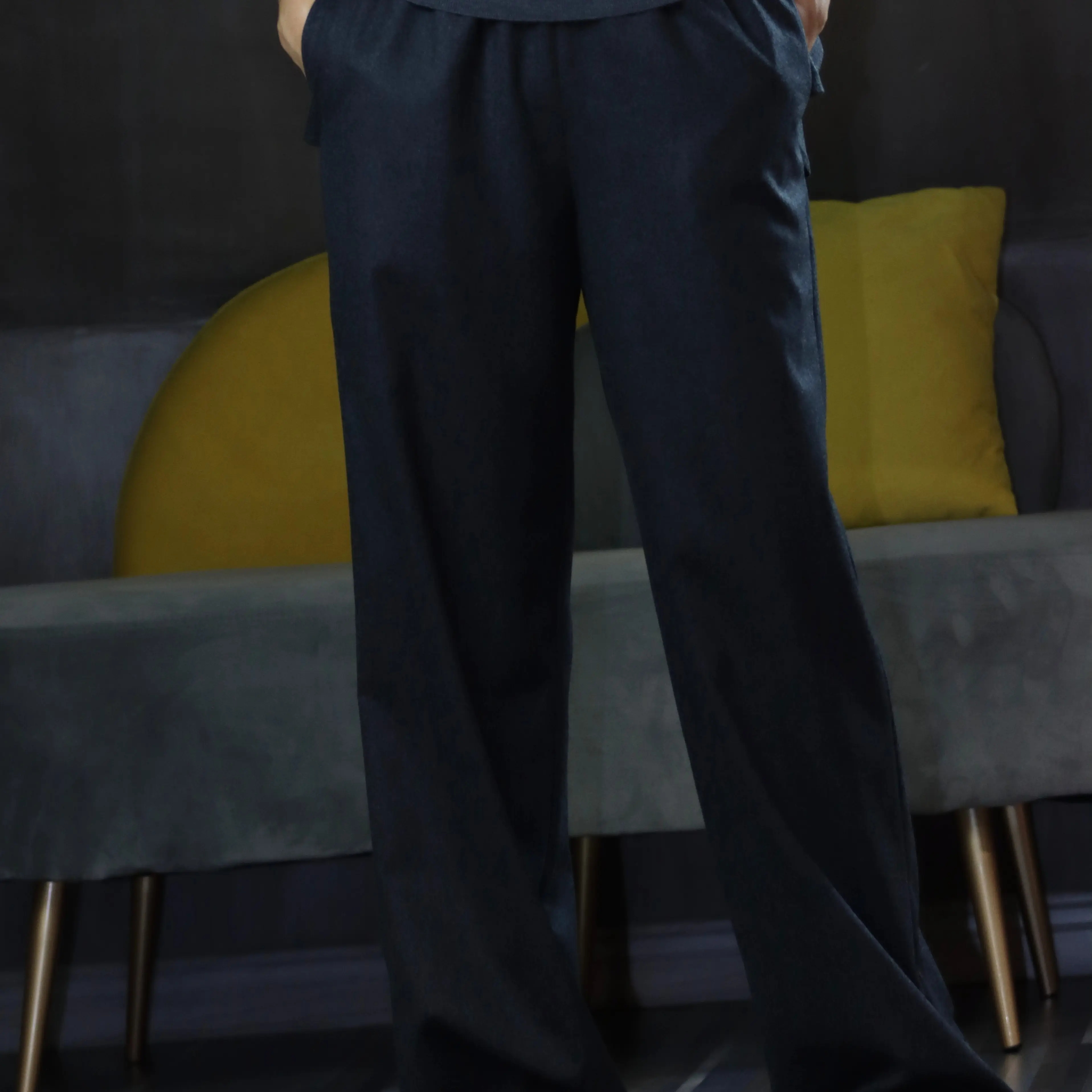 灰色羊毛材质厚款百搭休闲显瘦高腰直筒阔腿裤