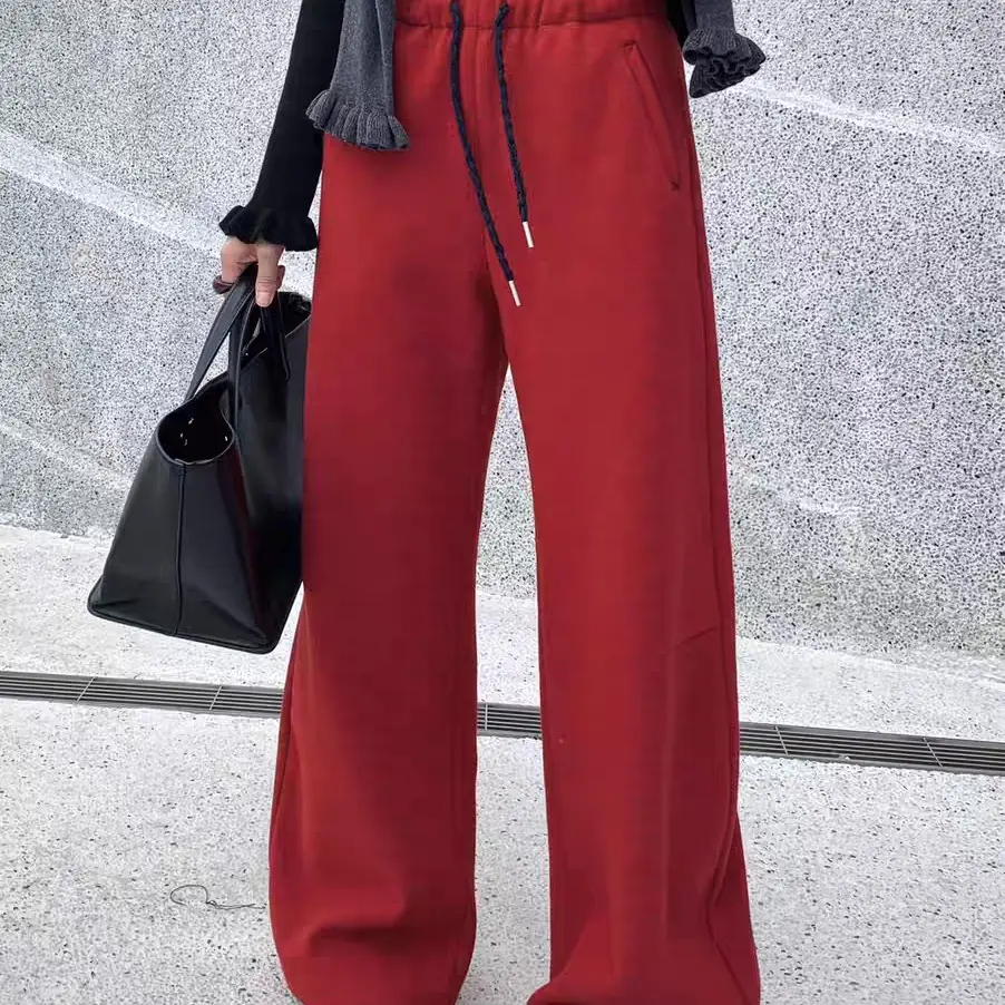 韩系百搭加绒抽绳直筒卫裤复古红色字母刺绣高腰显瘦阔腿休闲裤女