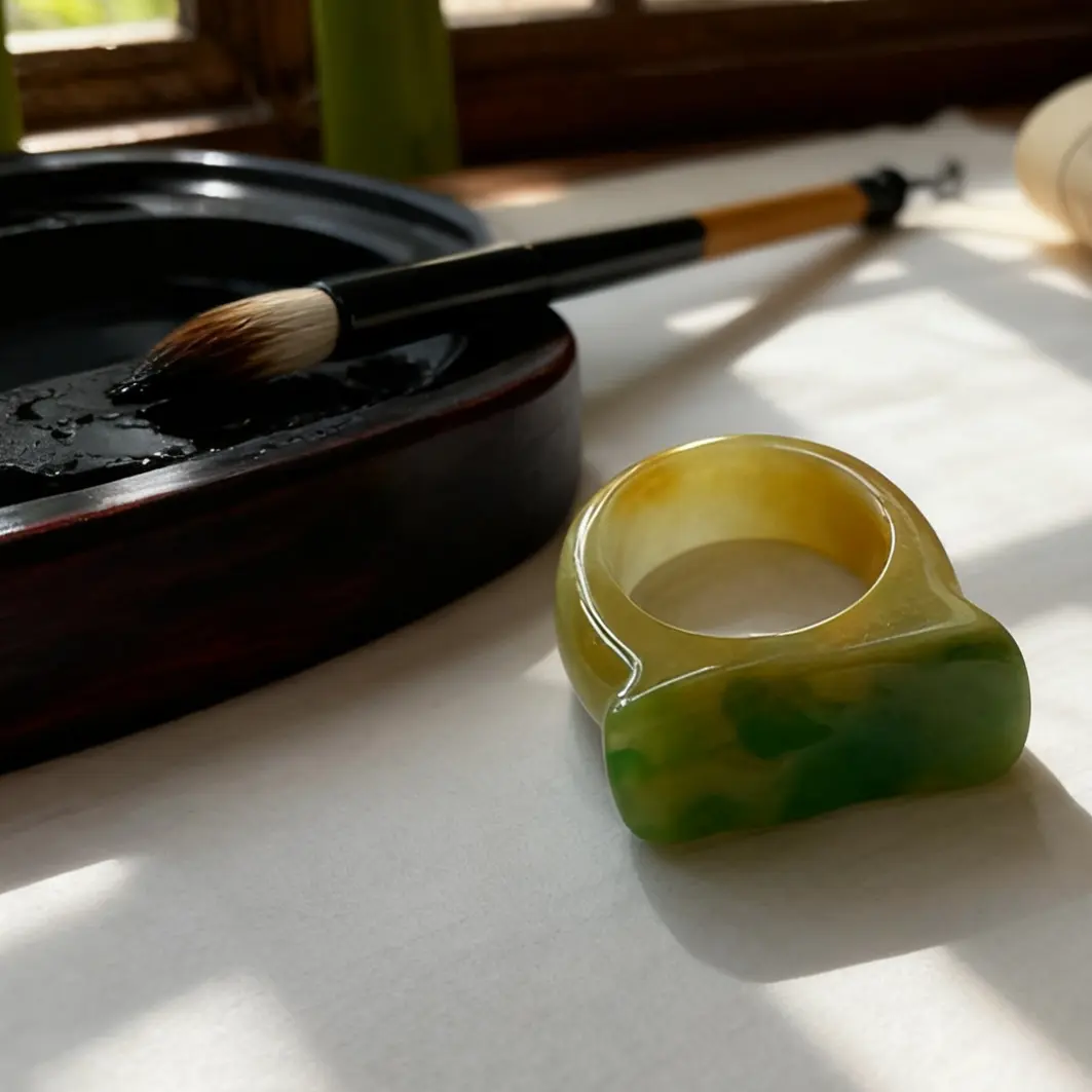 天然翡翠a货戒指，黄加绿翡翠戒指，男女适用，经典双色翡翠戒指定制