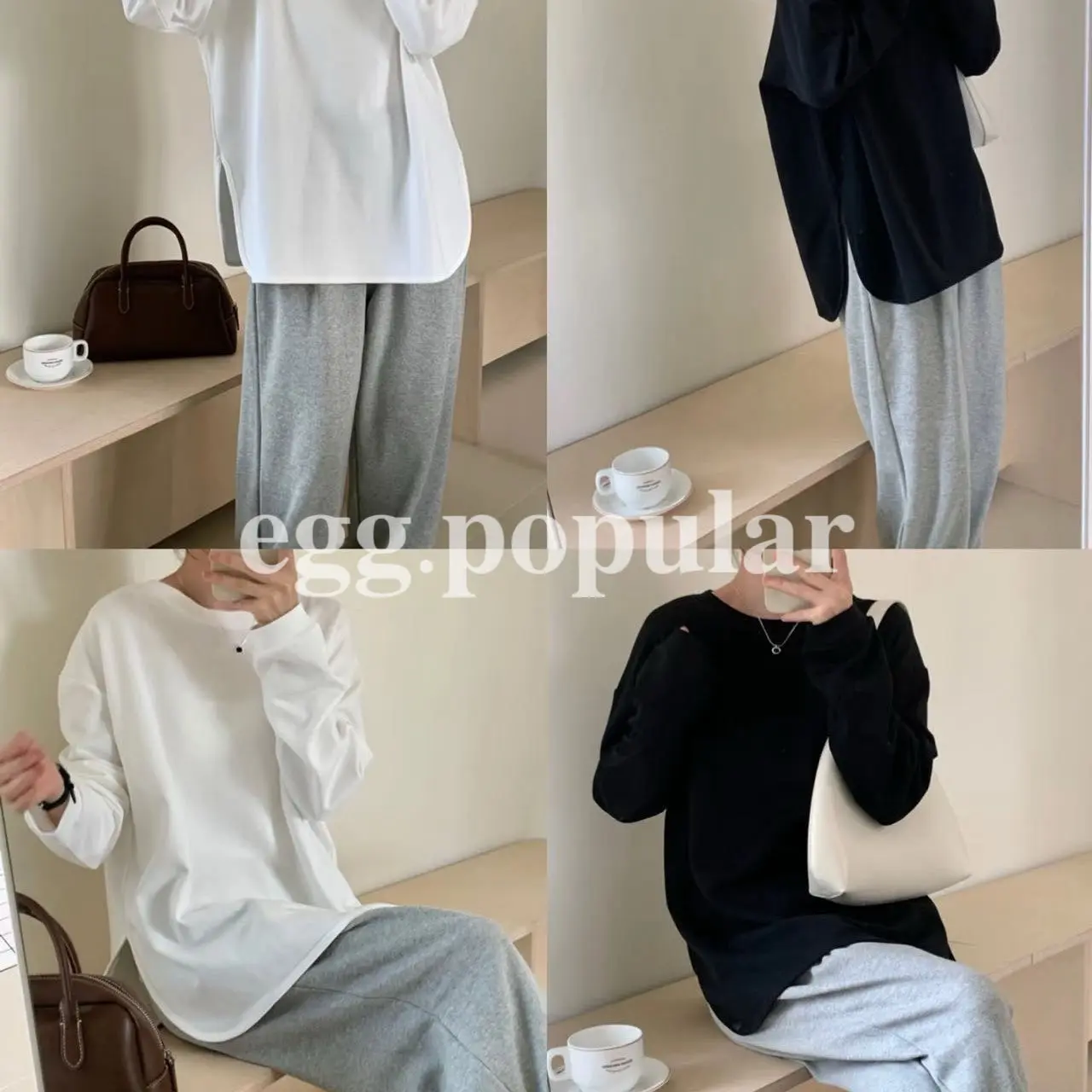 白色圆领开叉中长款百搭宽松女士打底T恤