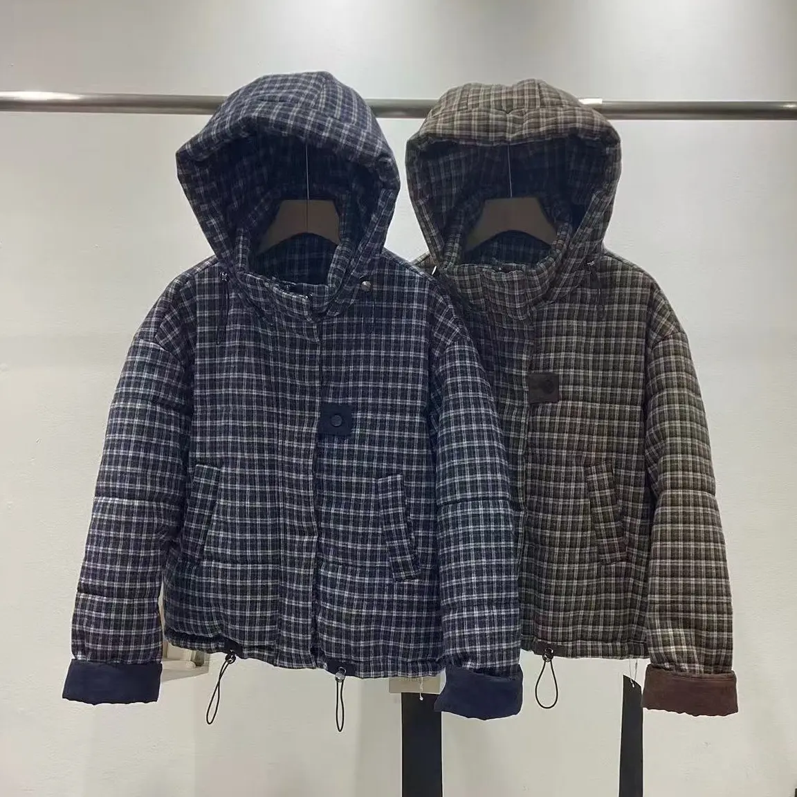【爆爆家】冬季新款格子连帽抽绳宽松加厚休闲棉服