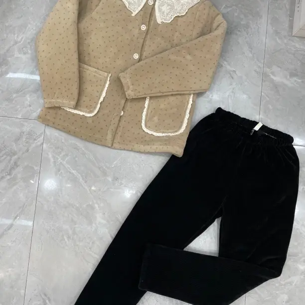 冬季三层夹棉加厚花边加绒可外穿舒适简约长袖长裤家居服套装女
