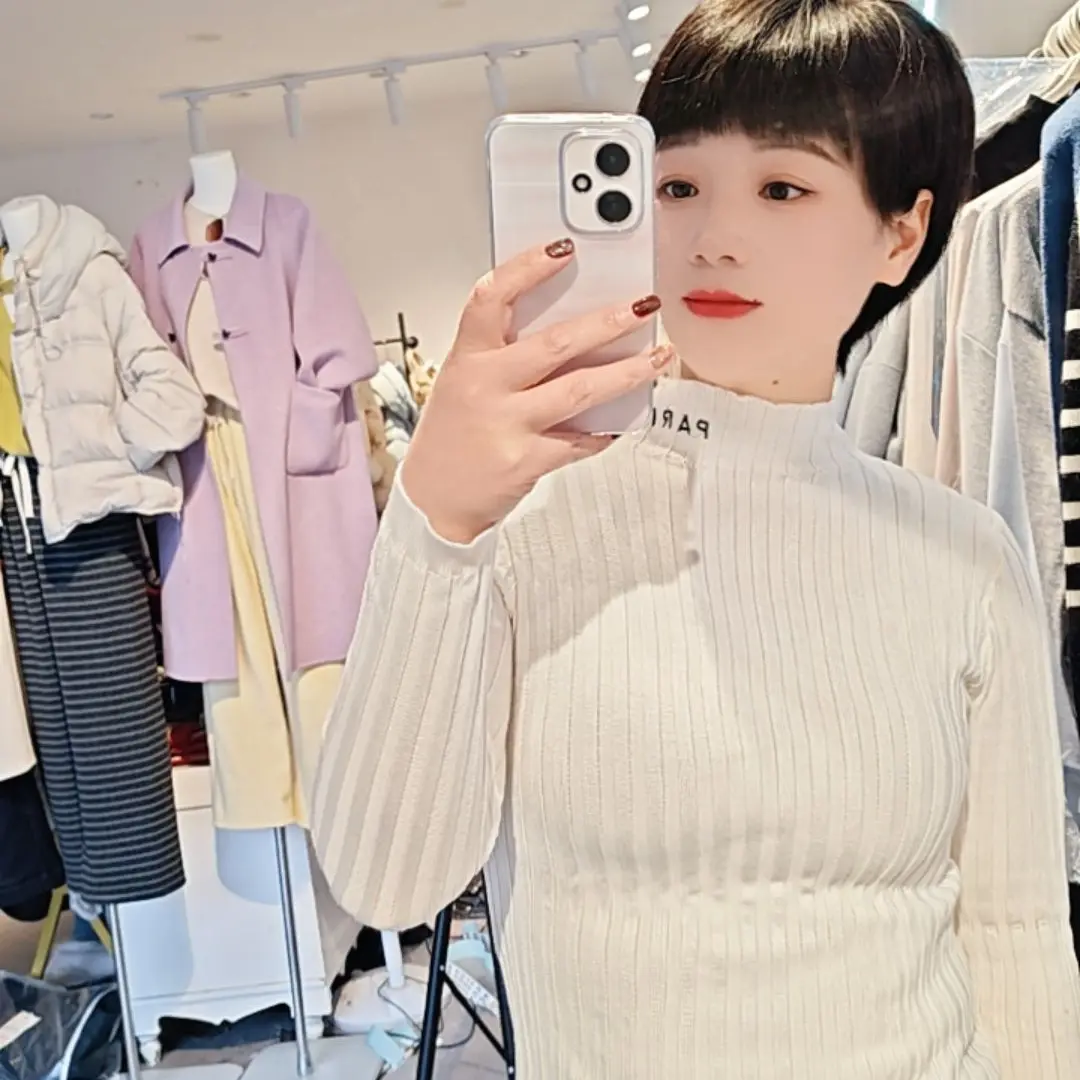 长袖显瘦时尚修身条纹半高领含绵针织上衣女士知性风