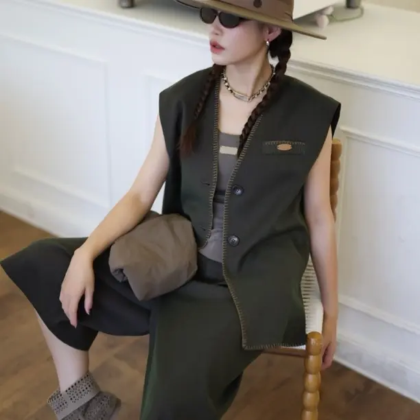 法式亚麻拼接秋季无袖宽松时尚百搭通勤马甲显套装0039