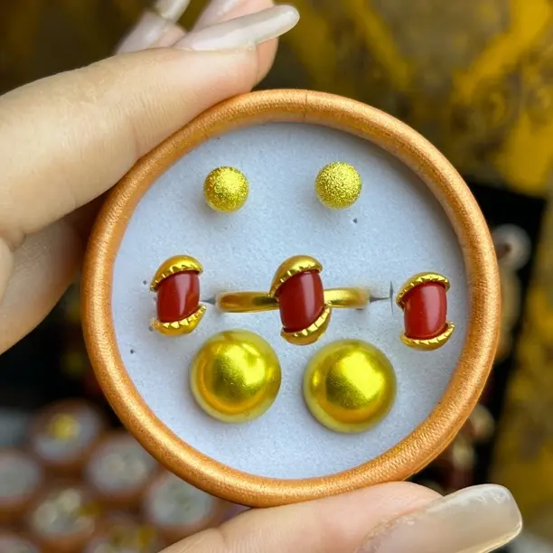 铜合金大理石项链 铜合金耳钉戒指一套