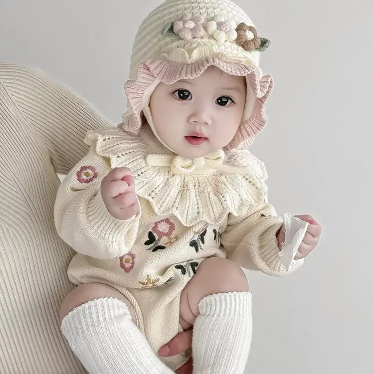 婴儿帽子秋冬款女宝宝公主帽小花洋气可爱女小童针织护耳帽毛线帽
