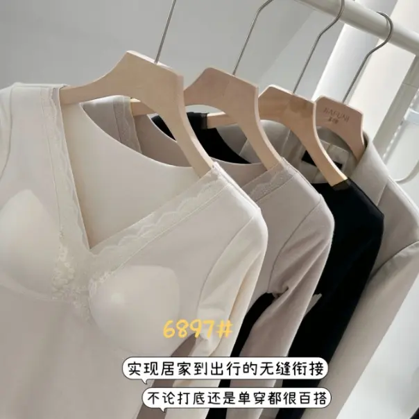 6897V领带胸垫蕾丝长袖椰子精油磨毛发热保暖双面绒无痕打底上衣