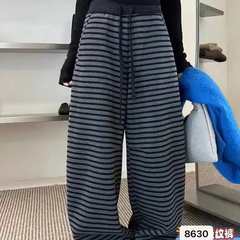 8630冬季撞色条纹高腰抽绳宽松垂感显瘦休闲弯刀裤