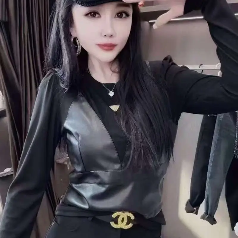 福利大码女装拼接假两件长袖圆领拼皮显瘦时尚打底T恤