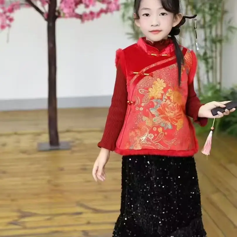 女童加绒中国风拜年服套装秋冬新款千金风