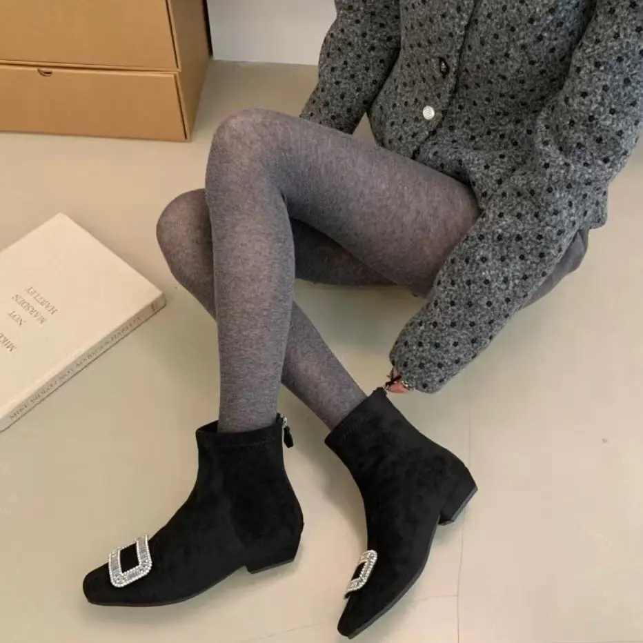 方头水钻方扣弹力瘦瘦靴女粗跟短靴绒面加绒法式百搭秋冬季女鞋