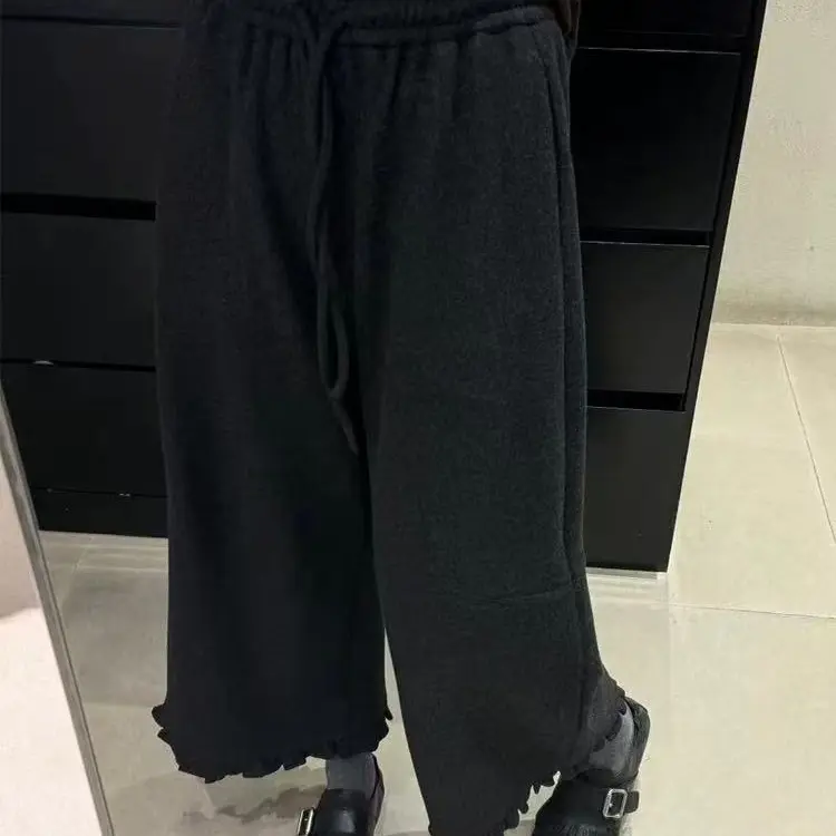 5111裤长90加绒加厚毛呢花边高腰显瘦宽松慵懒范九分阔腿裤女秋冬