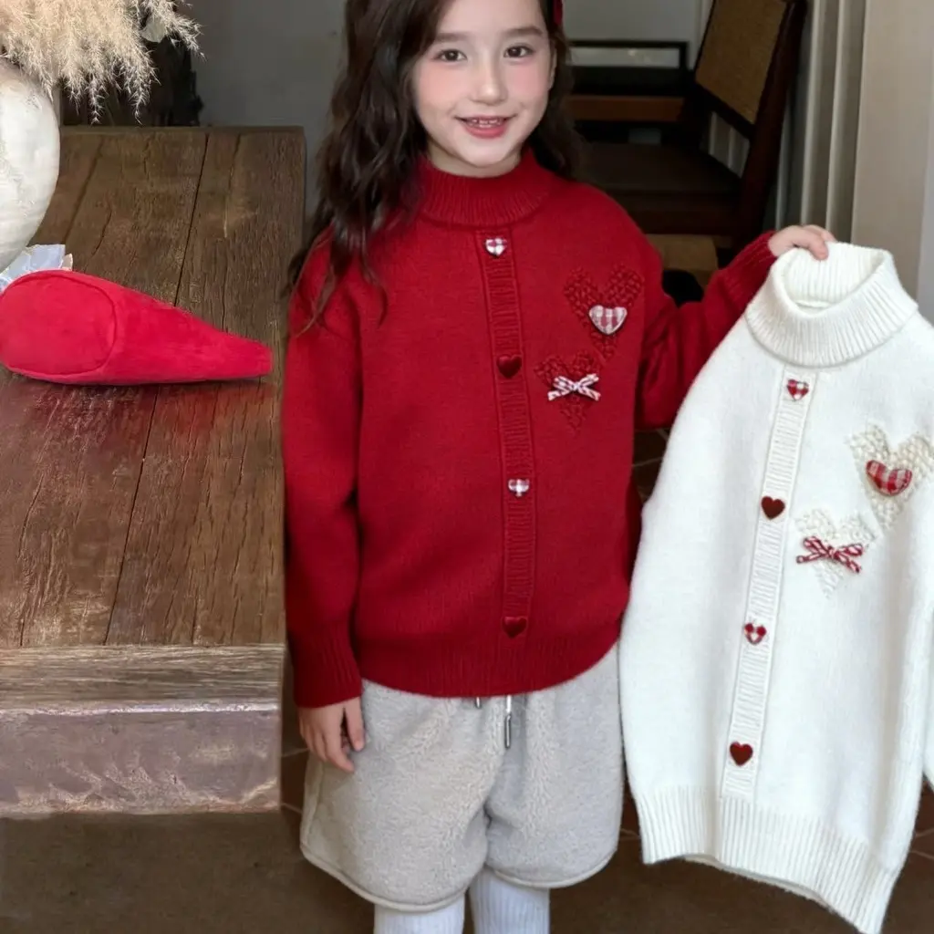 女童新年款红色毛衣秋冬喜庆加厚针织衫甜美洋气毛线衣