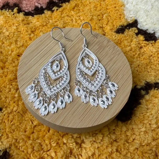 足银耳饰 足银耳饰 足银凤尾流苏款气质防过敏民族风耳环时尚百