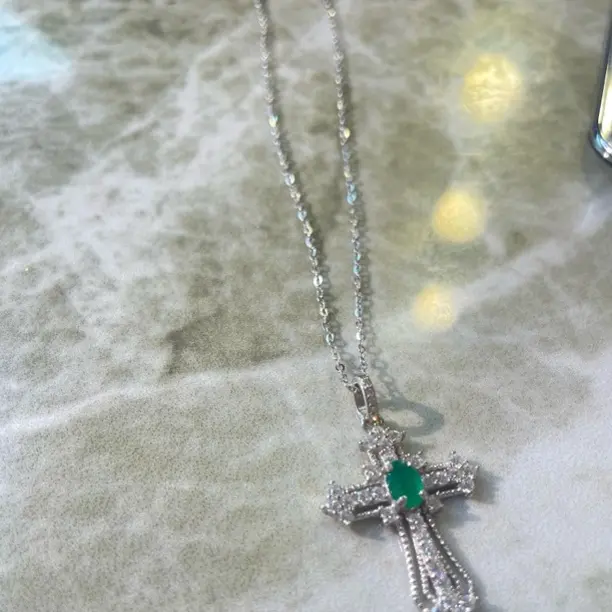 坠链均925银合成锆石 925银 复古绿色十字架欧美轻奢个性百搭