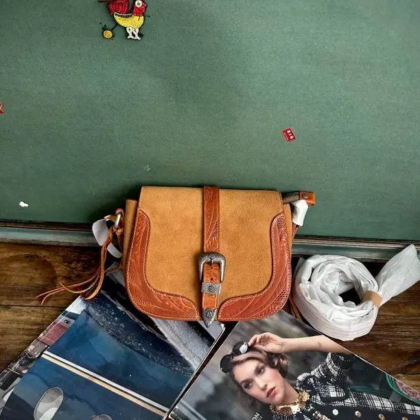 复古重油蜡硬挺牛皮纯手工植鞣皮马鞍包美式扣单肩斜挎女包