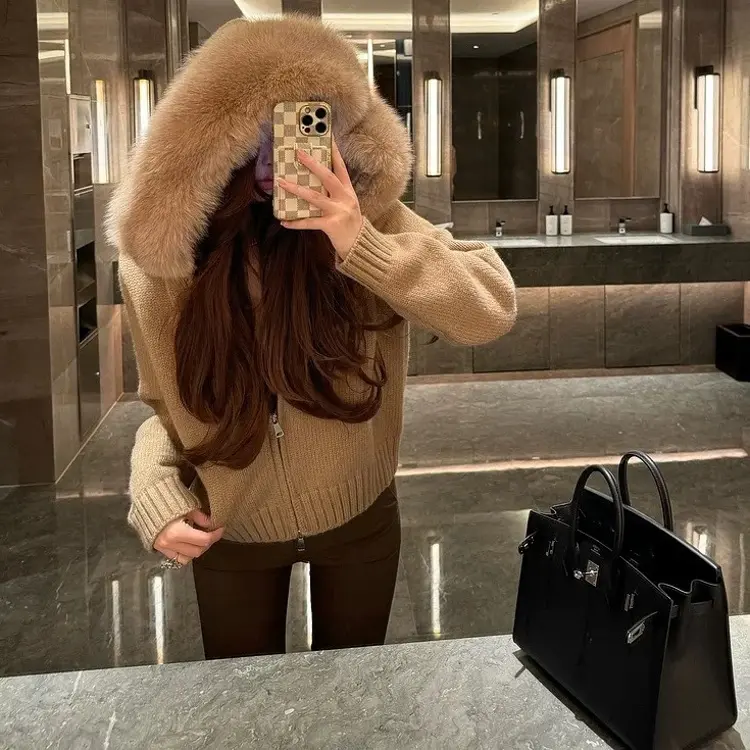 宽松百搭短款厚款针织连帽毛针织衫冬季保暖韩版毛衣时尚上衣秋冬