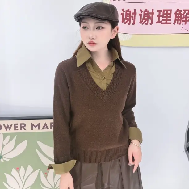 大码POLO领假两件针织衫女秋冬宽松显瘦拼接打底衫休闲百搭上衣潮