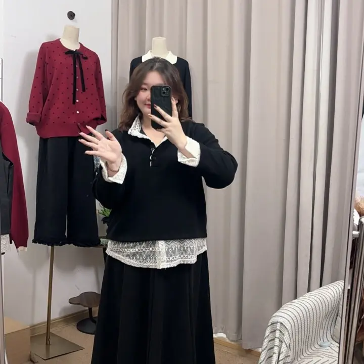 [大妍妍]秋冬新款时尚蕾丝拼接加绒卫衣