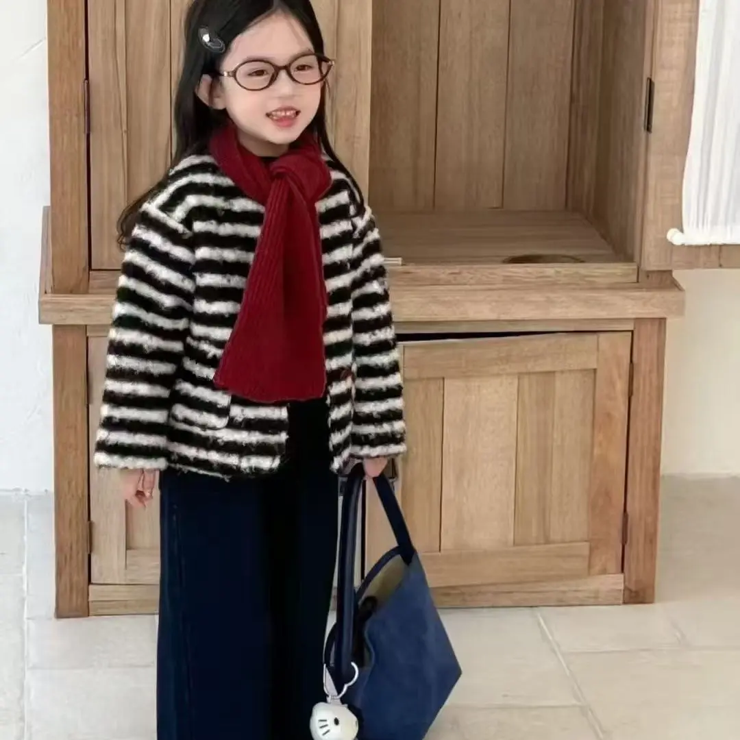 针织条纹保暖冬季加厚童装连帽女普通外套韩版百搭