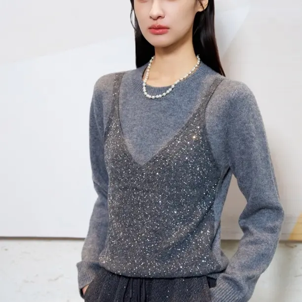 俪妍假两件闪光亮片毛衫
