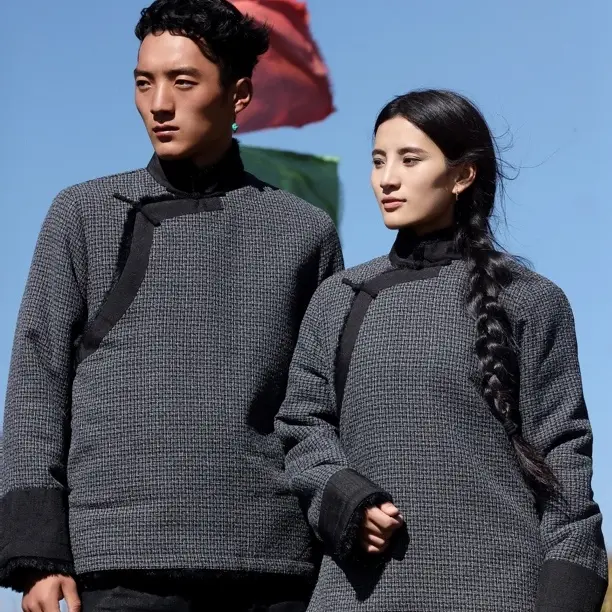 加厚藏装外套加厚冬装男装保暖藏式女装色块立领唐装宽松套头服装