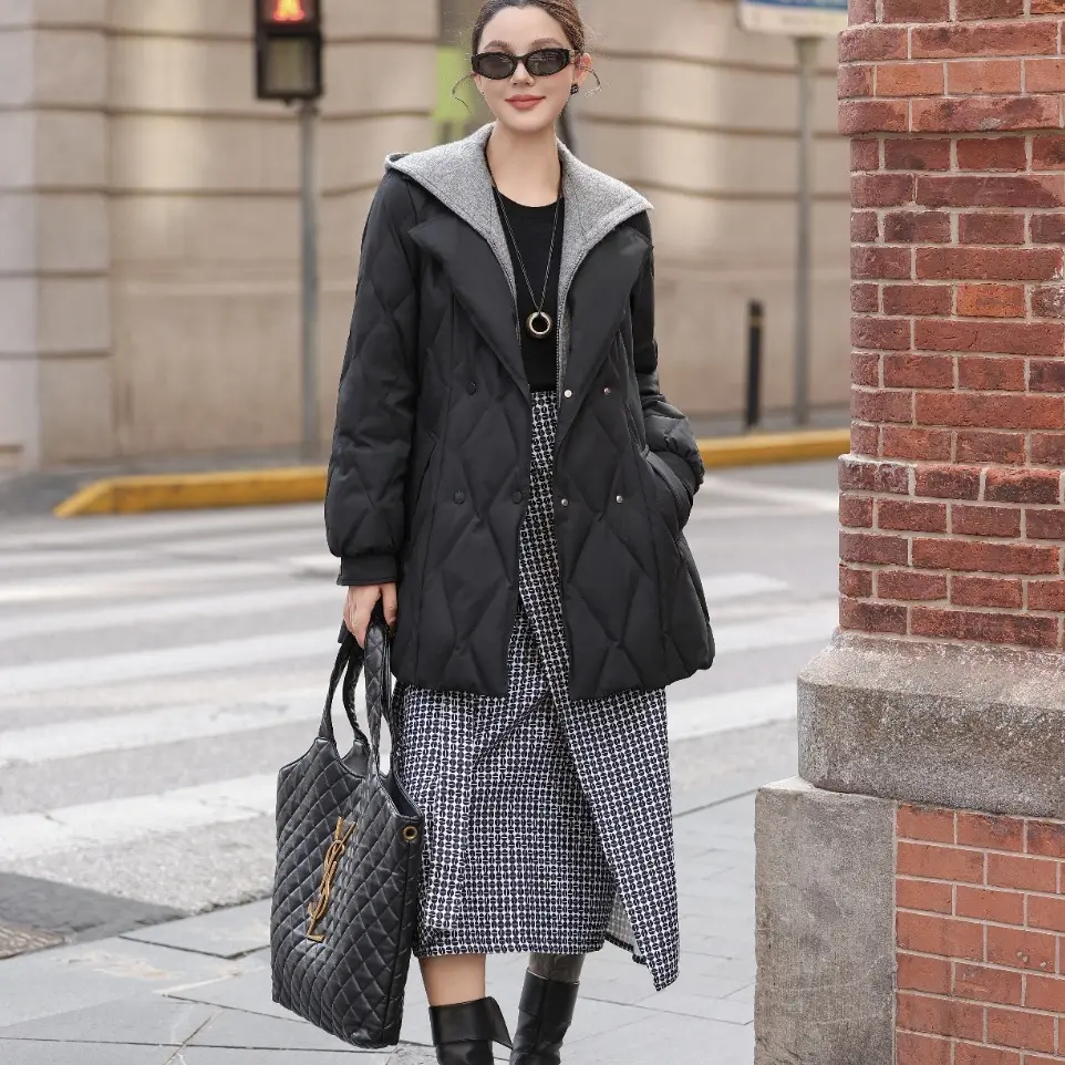 欧货高品质一手长菱格显瘦气质90白鸭绒羽绒服两件套冬季