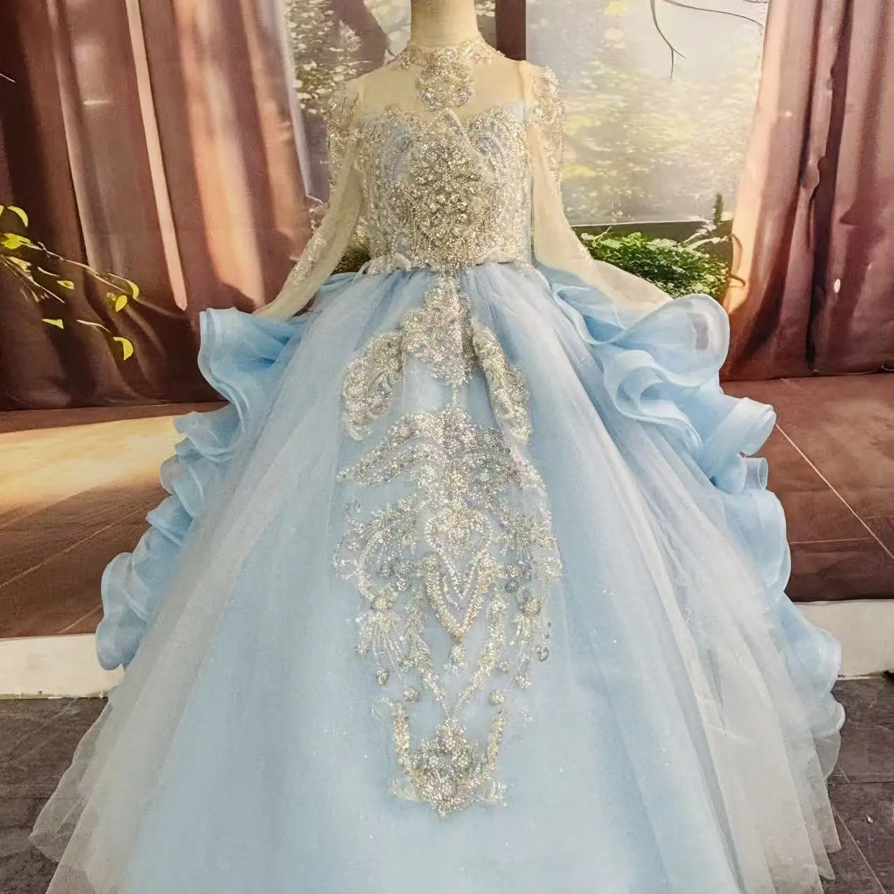 女童高端公主裙生日走秀主持钢琴演奏花童宴会粉色蓬蓬纱演出服