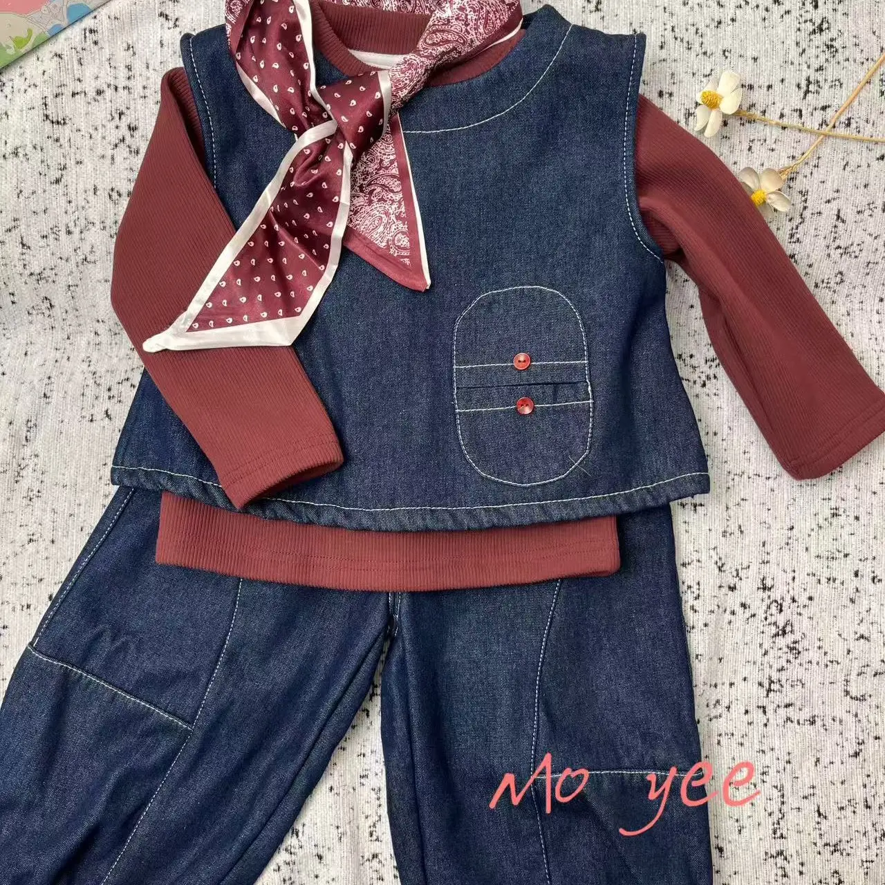 软牛仔薄绒套装三件套