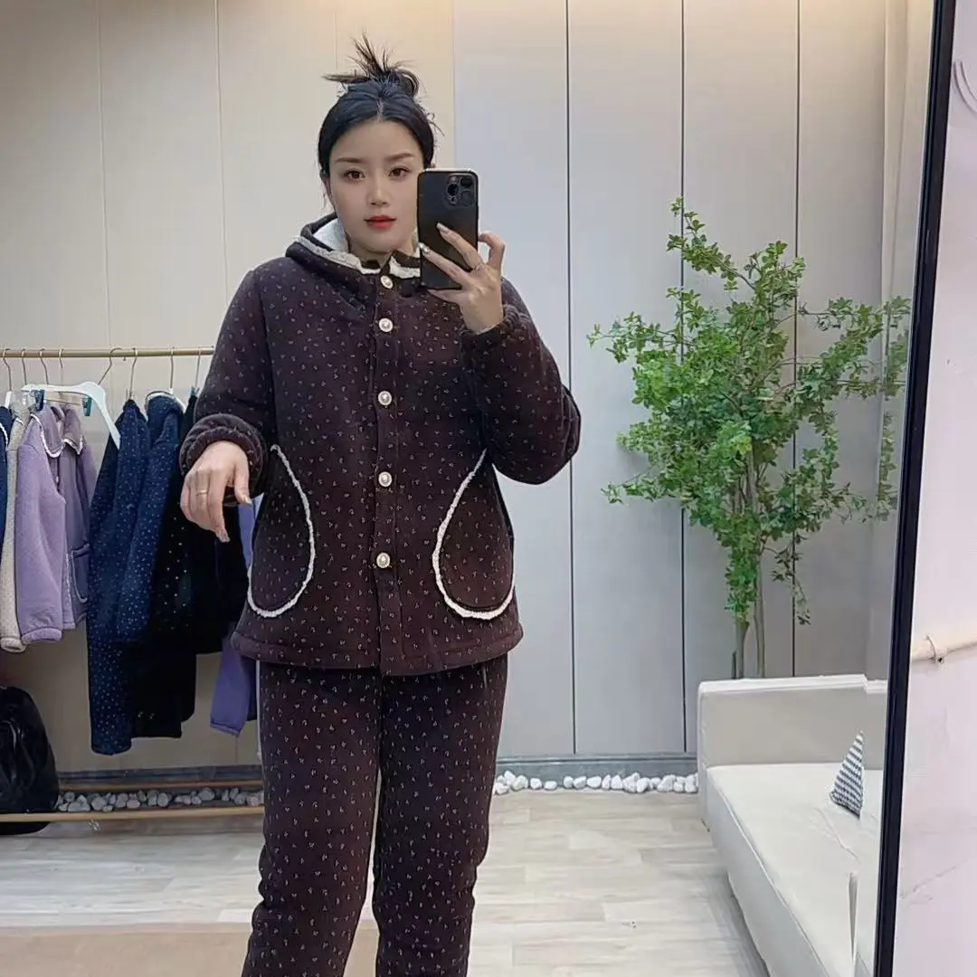冬季加厚三层夹棉连帽可外穿女士休闲家居服加绒套装时