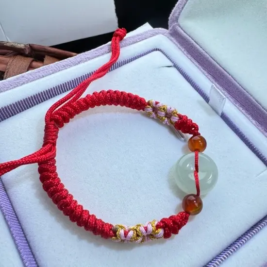 天然岫玉平安扣手绳女款纯手工绳编简约可调节气质红绳