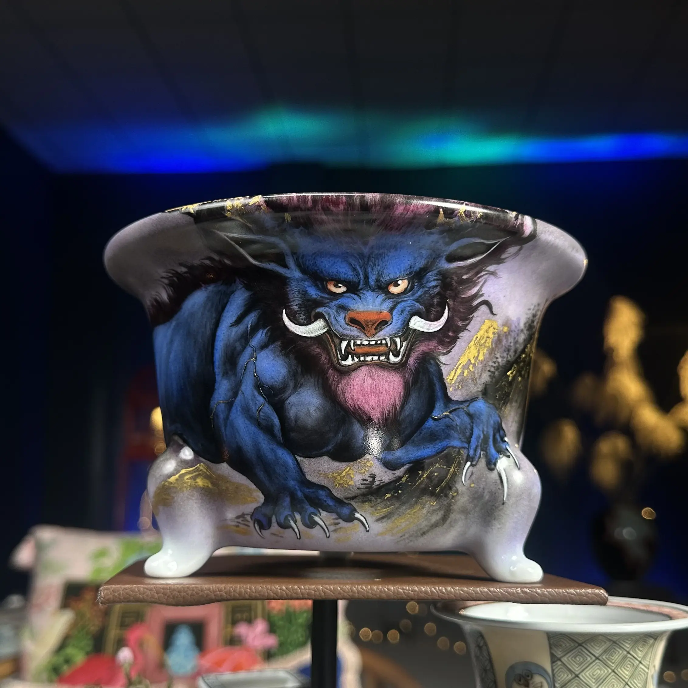 中景盆艺手绘三足高温彩绘创意中国风复古透气陶瓷花盆