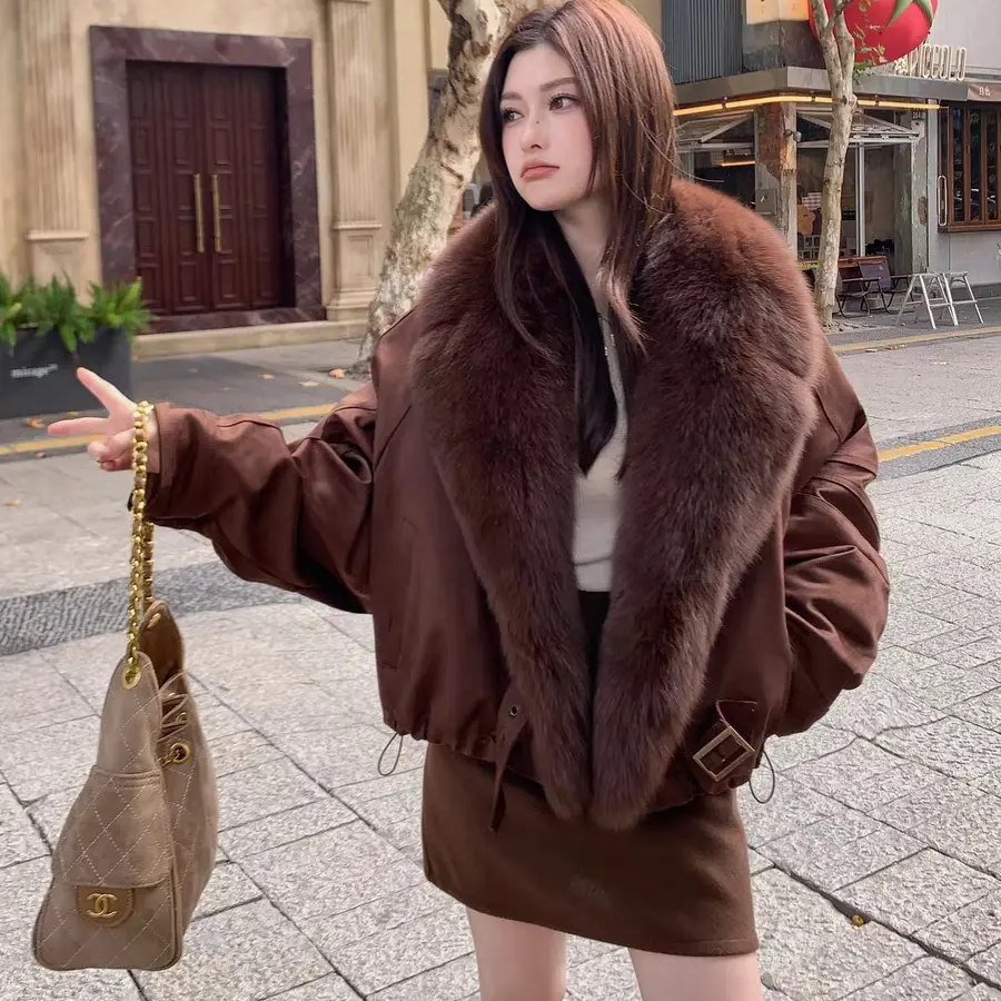 冬季女士真毛鹅绒时尚宽松保暖外套