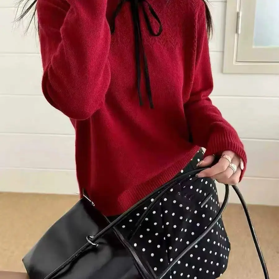 2026新款半高领蝴蝶结针织打底衫秋冬新款女装内搭