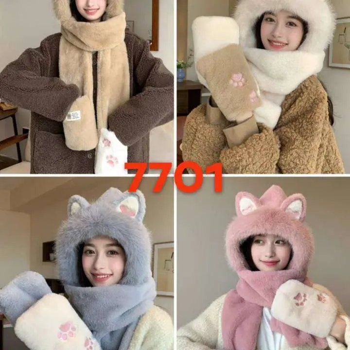 可爱猫耳朵帽子围巾手套一体女冬季毛绒加厚护耳保暖骑车防寒围脖