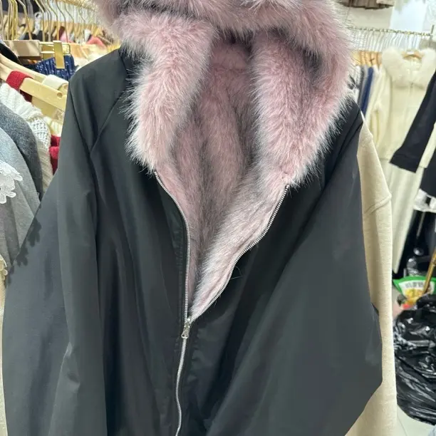 复古黑色毛绒连帽正反两穿冬季高级感宽松保暖棉服外套