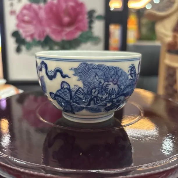 景德镇青花瓷狮子滚绣球主人杯功夫茶具茶杯