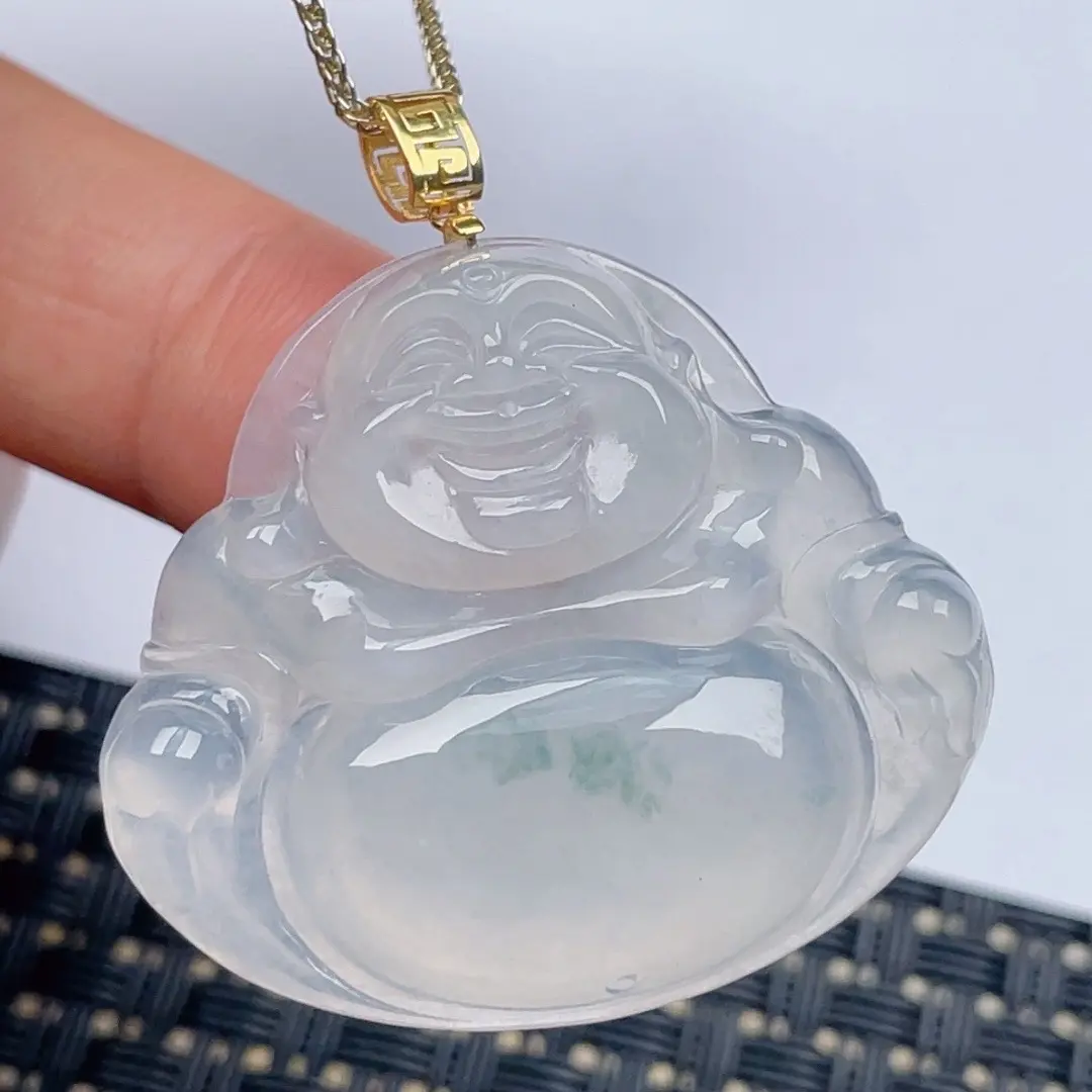 缅甸天然翡翠A货冰种飘花佛公吊坠尺寸38.1×33.7×6.7