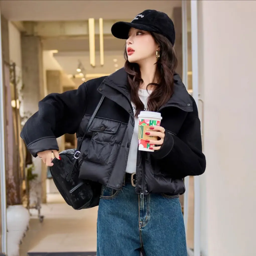 ［米瓯家］时尚立领羊毛呢拼接白鸭绒女冬季小个子短款外套潮