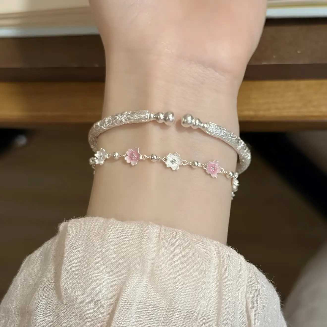 足银手镯 珐琅彩繁花葫芦开口国潮新中式银镯送女友礼物