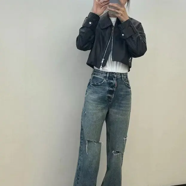 复古街头风高腰提臀重洗水显瘦牛仔裤