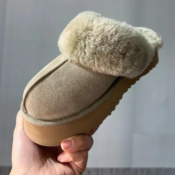 休闲羊毛皮毛一体星拖百搭包头厚底棉鞋灰色秋冬季保暖情侣款