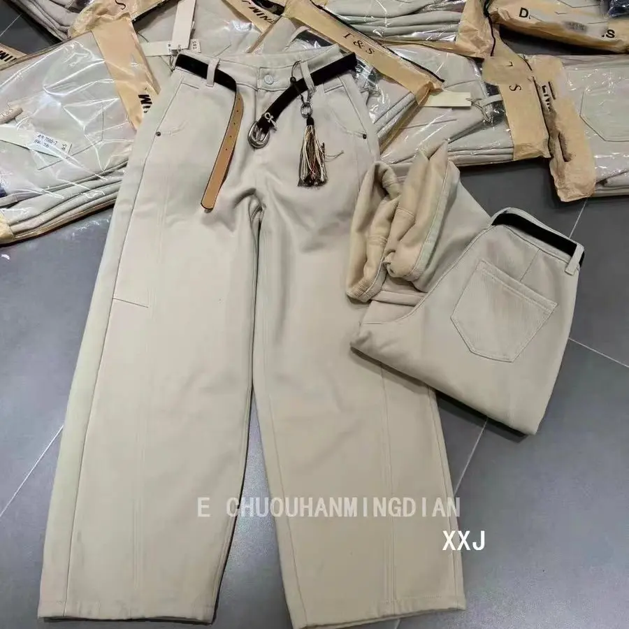 【芸姐】57541-5欧货加绒加厚弯刀阔腿牛仔裤女冬季显瘦百搭