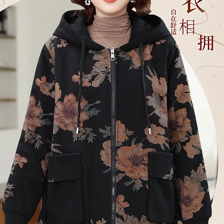 冬季新款加绒加厚特大码中老年妈妈装牛仔连帽外套