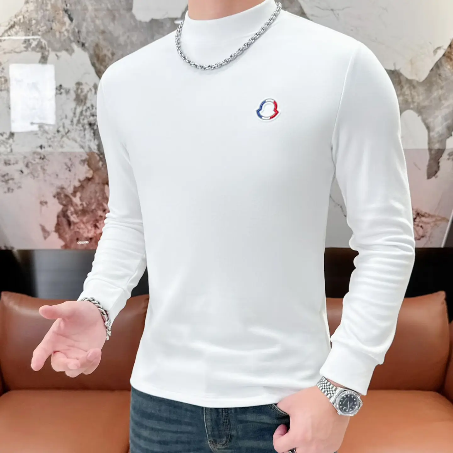 男士秋冬半高领长袖刺绣弹力修身打底衫简约时尚内搭
