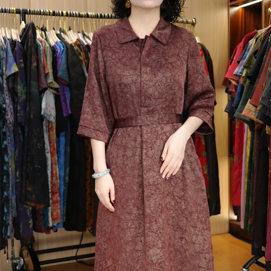 9993新款女士翻领短袖中长款收腰显瘦百搭休闲花色连衣裙