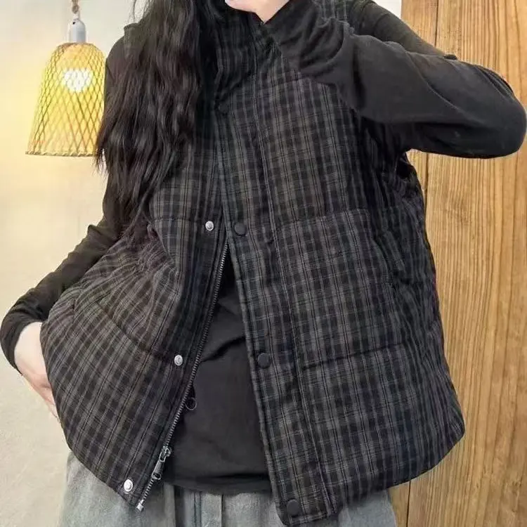 秋冬新款格子夹棉立领复古休闲马甲女款保暖背心
