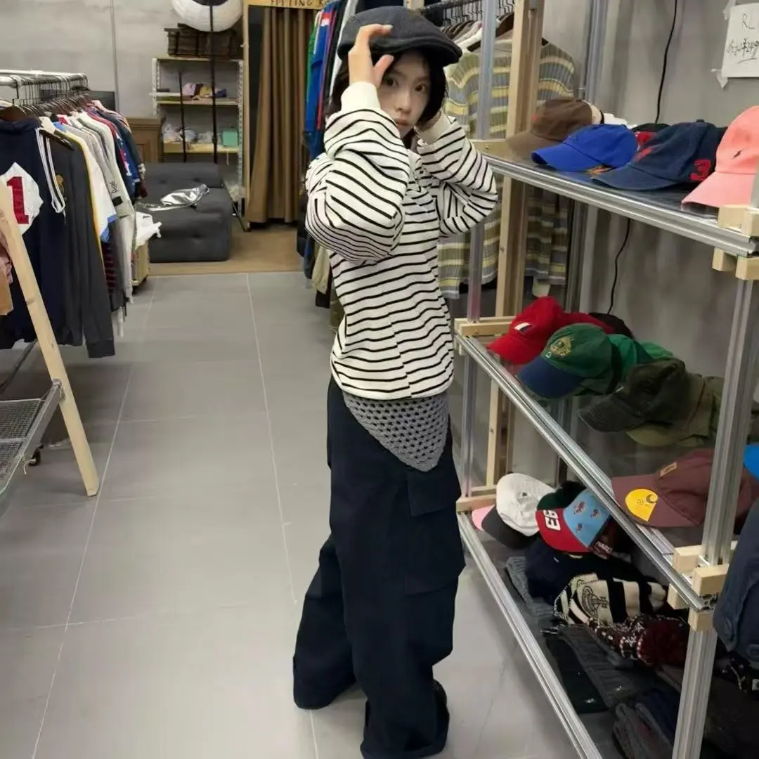 长袖ol韩版针织圆领条纹常规款落肩袖女T恤vintage时尚90238