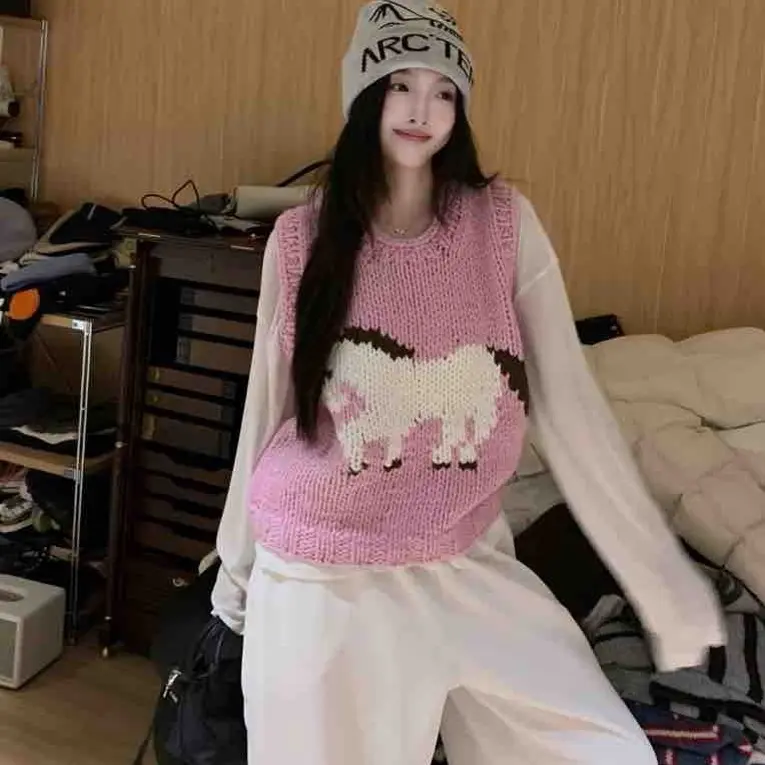 韩系高级感百搭宽松时尚针织毛衣休闲圆领无袖提花马甲上衣